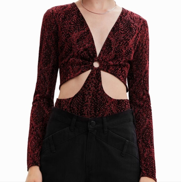 Desigual NWT Slim Fit Long Sleeve Cut Out V-neck Metallic Red Bodysuit Size M - Picture 6 of 15